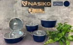 سرویس قابلمه گرانیت برند ناسیکو مدل نقره ای 11پارچه رنگ سورمه ای